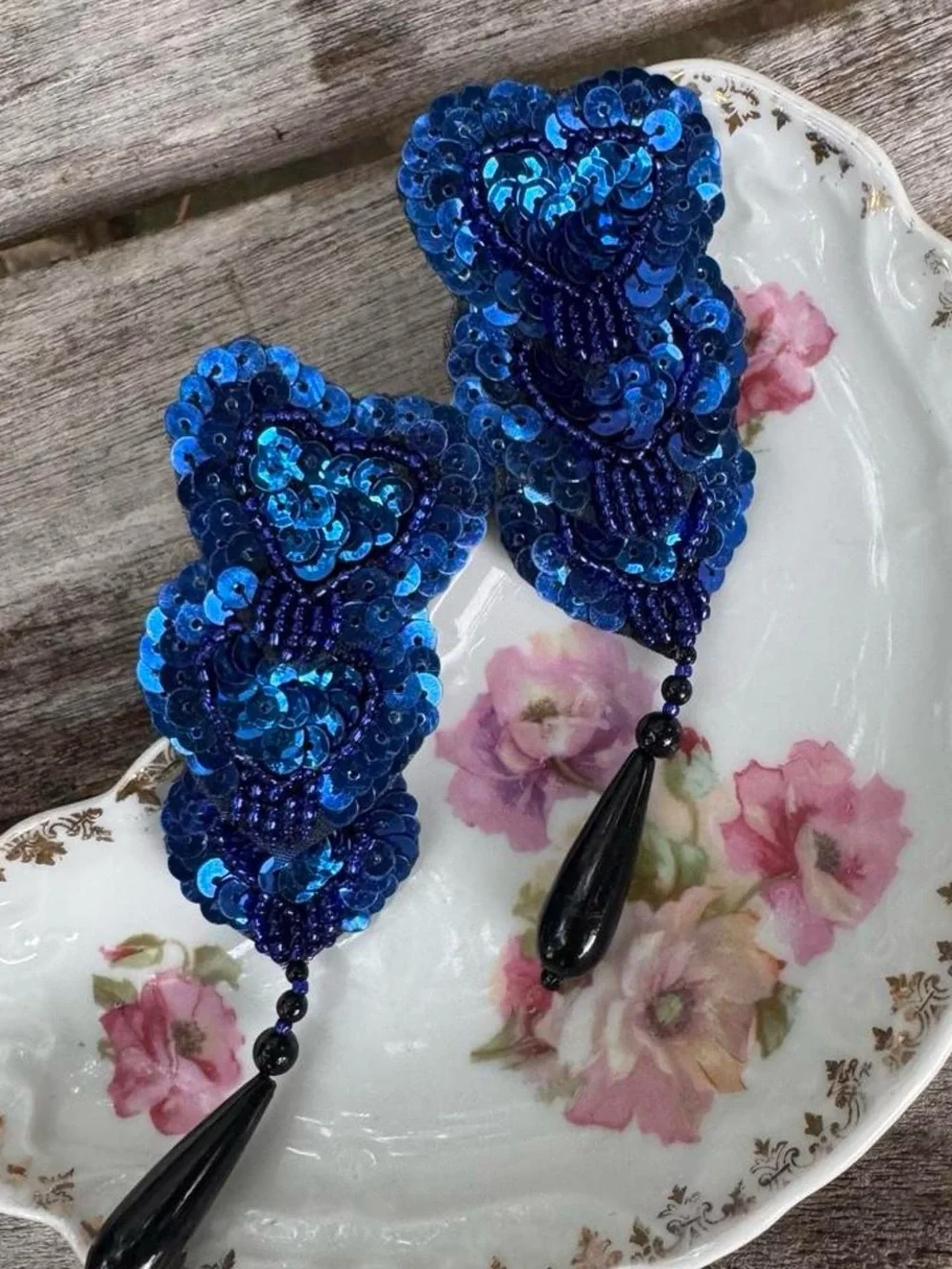 Vintage burlesque Tassel Blue Sequin Beaded Drop Earrings